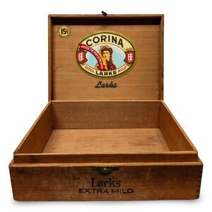 Corina Cigar Box Larks Extra Mild Vintage Brown Clean Wood Tobacciana Storage
